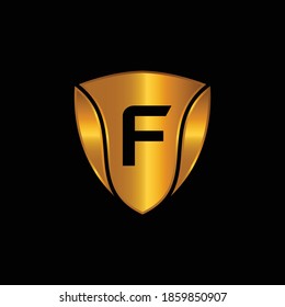 Golden Shield Logo Design for Letter F. Vector Realistic Metallic logo Template Design for Letter F. Golden Metallic Logo. Logo Design for car, safety companies and others.