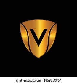 Golden Shield Logo Design for Letter V. Vector Realistic Metallic logo Template Design for Letter V. Golden Metallic Logo. Logo Design for car, safety companies and others.