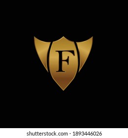 Golden Shield Logo Design for Letter F. Vector Realistic Metallic logo Template Design for Letter F. Golden Metallic Logo. Logo Design for car, safety companies and others.