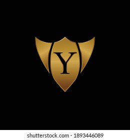 Golden Shield Logo Design for Letter Y. Vector Realistic Metallic logo Template Design for Letter Y. Golden Metallic Logo. Logo Design for car, safety companies and others.