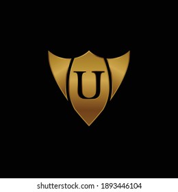 Golden Shield Logo Design for Letter U. Vector Realistic Metallic logo Template Design for Letter U. Golden Metallic Logo. Logo Design for car, safety companies and others.