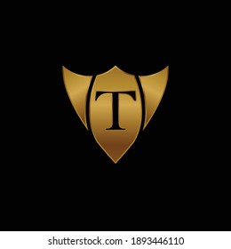 Golden Shield Logo Design for Letter T. Vector Realistic Metallic logo Template Design for Letter T. Golden Metallic Logo. Logo Design for car, safety companies and others.