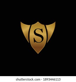 Golden Shield Logo Design for Letter S. Vector Realistic Metallic logo Template Design for Letter S. Golden Metallic Logo. Logo Design for car, safety companies and others.