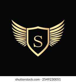 Golden shield logo with wings and letter S on black background for luxury branding