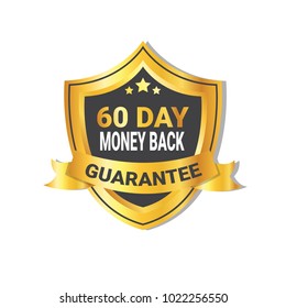 Golden Shield Money Back In 60 Days Guarantee Label with Ribbon Isolated Vector Illustration