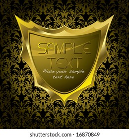 Golden shield on a golden floral background with copy space
