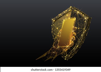 Golden Shield on smartphone screen. Network secure concept. Gold Safe Vector low poly wireframe in the form of a starry sky, consisting of points, lines, and shapes in the form of stars. Mobile image