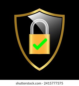 Golden Shield, padlock with lock and green check. Security for online protection against cybercrime and hackers. 