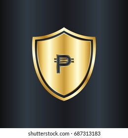 Golden shield and peso currency symbol