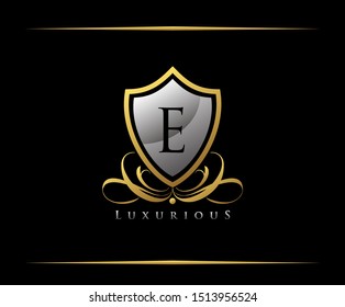 Golden Shield Protection Letter E Logo Icon.