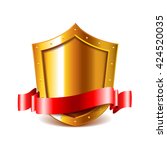 Golden shield with red ribbon isolated on white vector illustration