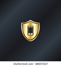 Golden shield with smartphone icon 