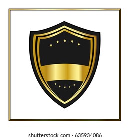 Golden shield with stars. Herald logo and medieval. Shield symbol for your web site design, logo. Vector illustration. EPS10.