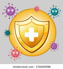 Escudo dorado rodeado de virus. Ilustración del vector