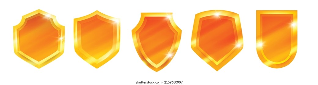 Golden shield vector icon set, security emblem 3D kit, game UI trophy badge, metal award heraldic logo. Victory reward shiny medal assets isolated yellow protective armor. Champion honor golden shield