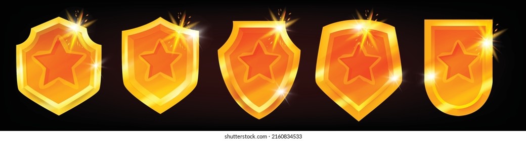 Golden shield vector icon set, game UI trophy badge, metal award heraldic logo, security emblem 3D kit. Victory reward shiny medal assets isolated yellow protective armor. Champion honor golden shield