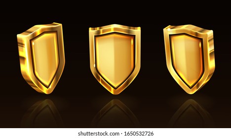 Golden shield vector icons set, gold medieval knight ammo, guard with engraved border, award trophy, military armor front side view isolated on black background with reflection, realistic 3d clipart