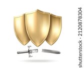 Golden shields and a broken sword. The power of unity against evil. Vector 3D graphics
