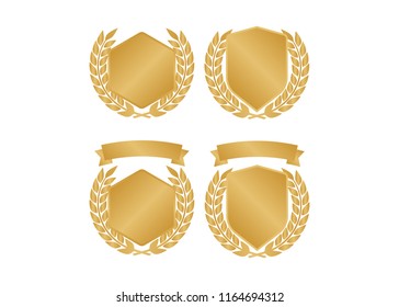 Golden shields laurel badges collection. Gold medal vector illustration.