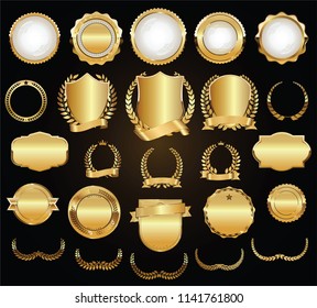 Golden shields laurel wreaths and badges vector collection