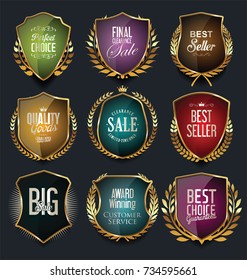 Golden shields and laurel wreaths retro design collection