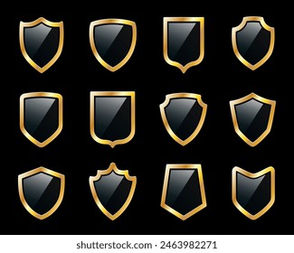 Golden shields set, royal medieval military armor collection, protect signs collection, security symbol