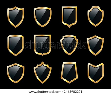 Golden shields set, royal medieval military armor collection, protect signs collection, security symbol