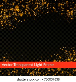 Golden shimmering abstract futuristic transparent light frame background. Holiday shiny sparkling confetti falling. Vector illustration