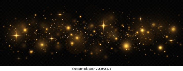 Golden shimmering background with light effect. The dust sparks and golden stars shine with special light on a transparent background.