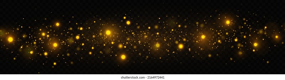 Fondo dorado brillante con efecto claro. Las chispas de polvo y las estrellas doradas brillan con especial luz sobre un fondo transparente. concepto de Navidad.