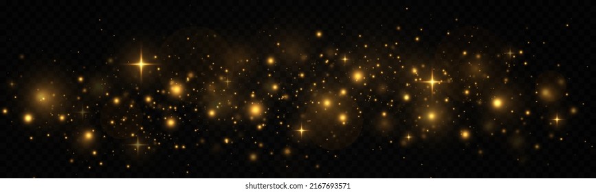Golden shimmering background with light effect. The dust sparks and golden stars shine with special light on a transparent background.