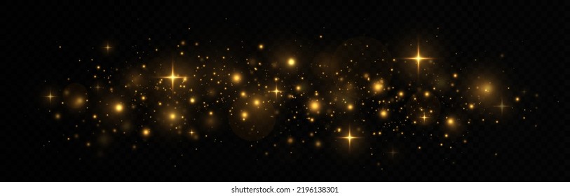 Golden shimmering background with light effect. Christmas concept. The dust sparks and golden stars shine with special light on a transparent background.