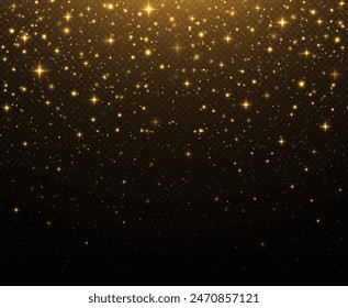 Golden shimmering background with light effect. The dust sparks and golden stars shine with special light on a transparent background. Christmas concept.