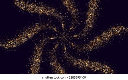 Golden Shimmering Particles Decoration Background. Holiday Light Effect Isolated on Black Background. Glittering Star Dust Trails. Abstract Magic Motion Vector Illustration.