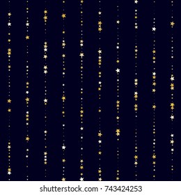 Golden Shimmering Starry Stripes on Night Sky. Greeting Card, Invitation, Wedding Background with Glittering Stars Confetti. Night Sky Vector Striped Background for Glamour, Luxury Design.