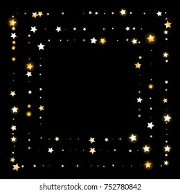 Golden Shimmering Stars Frame on Black Background. Greeting Card, Invitation Template with Glittering Stars Confetti Square Border. Night Sky Vector Background for Glamour, Luxury Design.