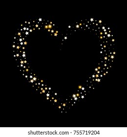 Golden Shimmering Stars Frame on Black Background. Greeting Card, Invitation Template with Glittering Stars Confetti Border in Shape of Heart. Night Sky Vector Background for Glamour, Luxury Design.