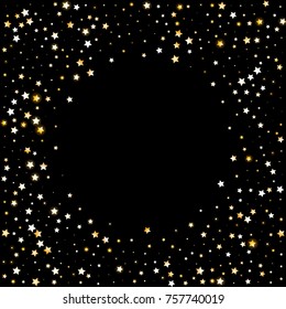 Golden Shimmering Stars Frame on Dark Background. Greeting Card, Invitation Template with Glittering Stars Confetti Round Border. Night Sky Vector Background for Glamour, Luxury Design.
