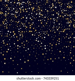 Golden Shimmering Stars on Dark Sky. Wedding, Greeting Card, Invitation Background with Glittering Stars Confetti. Night Sky Vector Background for Luxury, Glamour Design.