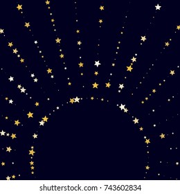Golden Shimmering Stars on Dark Background with Free Space. Greeting Card, Invitation, Wedding Template with Glittering Stars Confetti. Night Sky Vector Background for Luxury, Glamour Design.