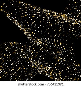 Golden Shimmering Stars on Night Sky. Wedding, Greeting Card, Invitation Background with Gold Glittering Stars Confetti. Black Sky Vector Background for Luxury, Glamour Design.