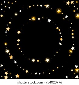 Golden Shimmering Stars Round Frame on Black Background. Greeting Card, Invitation, Wedding Template with Glittering Stars Confetti Border. Night Sky Vector Background for Glamour, Luxury Design.