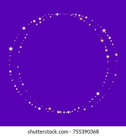 Golden Shimmering Stars Round Frame on Violet Background. Greeting Card, Invitation, Wedding Template with Glittering Stars Confetti Border. Night Sky Vector Background for Glamour, Luxury Design.