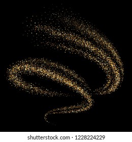 Golden shimmering swirl, vortex or spiral. Isolated abstract motion on black background. Glittering star dust trail. Magic sparkling lines