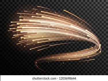 Golden shimmering trail with lines and rays. Dynamic light effect. Magic motion illustration