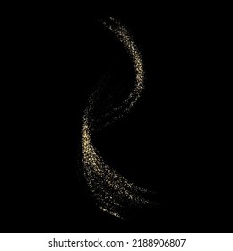 Golden shimmering wave isolated on black background. Glittering trail of stardust. Abstract motion swirl wave of golden dust.