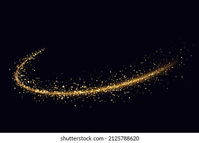 Golden shimmering wave with light effect on black background. Glittering trail of stardust.