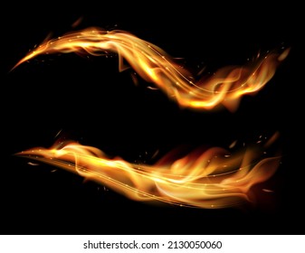 Golden shimmering waves with fiery effect. Realistic flame tongues. Dynamic isolated vector set