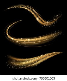 Golden shimmering waves with light effect isolated on black background. Glittering star dust trail. Abstract motion. Magic swirl lines.