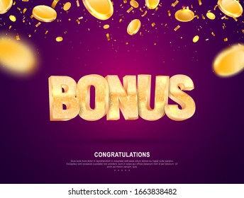 Golden shine bonus word vector banner for gambling. Illustration for casino or online games. Falling down coins on dark background with blur motion effect